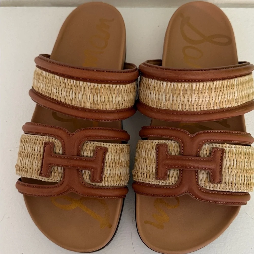 Women Sam Edelman Brown & Tan Raffia/ Leather Rowan Slide Sandals Preloved 7.5 - Picture 3 of 4